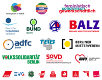 Logos von Initiative BGV - Berlin glaubt an Vielfalt, Initiative Aufstehen gegen Rassismus, DGB-Frauen, Deutscher Hebammenverband, BUND Berlin, 4-Stunden-Liga, Berliner Arbeitslosenzentrum BALZ, ADFC Berlin, Türkischer Bund Berlin-Brandenburg, Berliner Mieterverein, Volkssolidarität Berlin, Sozialverband Deutschland SOVD - Landesverband Berlin-Brandenburg, Arbeiterwohlfahrt AWO - Landesverband Berlin e.V., Alle DGB-Gewerkschaften: EVG, GdP, GEW, IB BAU, IG BCE, IGM, NGG, ver.di
